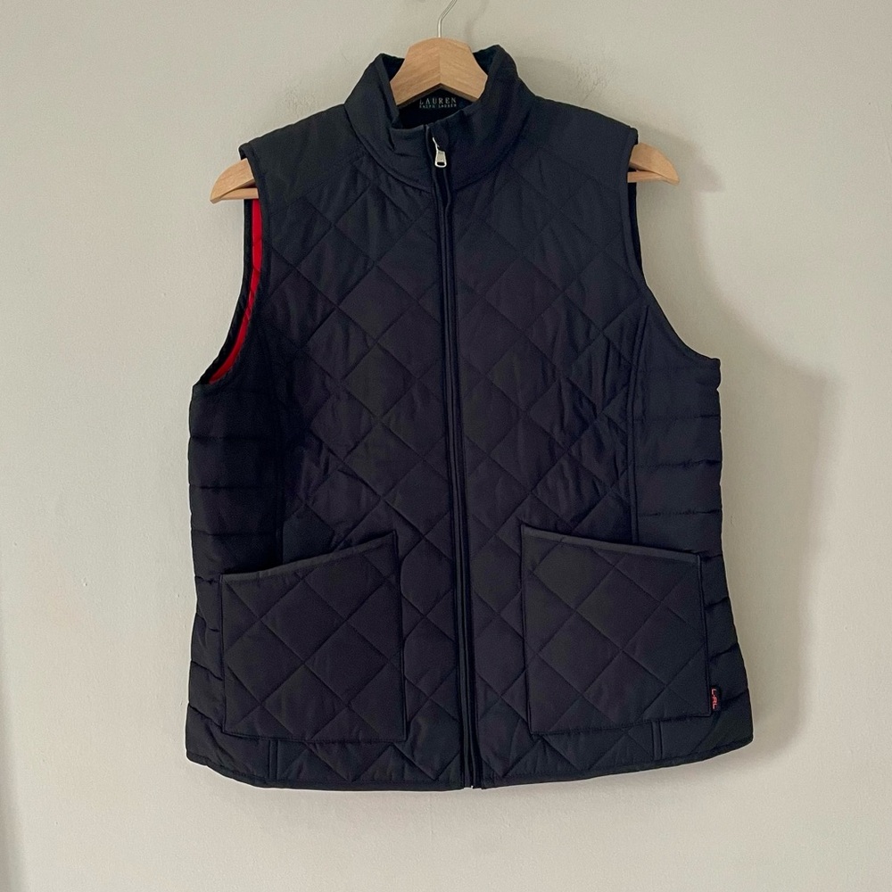 Lauren Ralph Lauren Black Quilted Vest with Red Lining